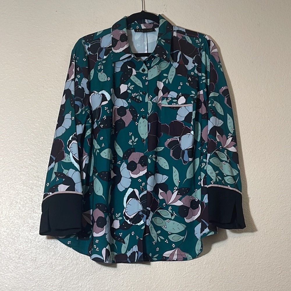 ELOQUII green floral long sleeved button down blouse top 16